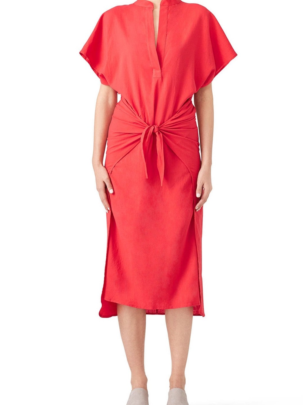 Vince red cotton-twill tie-front midi dress casual luxe understated elegance